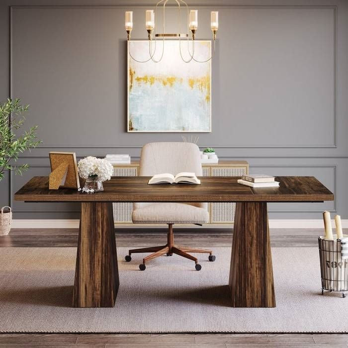 Modern Home Office Computer Desk Workstation in Dark Brown Wood Finish